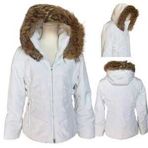 Vintage Anne Klein White Down Hooded Ski Jacket Puffy Parka Real Fur Trim Sz S
